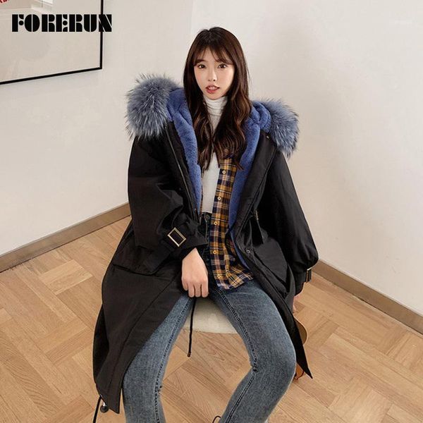 

forerun winter long coat women big fur hooded jacket sheep lining jacket cotton padded parka casual manteau long femme hiver1, Black