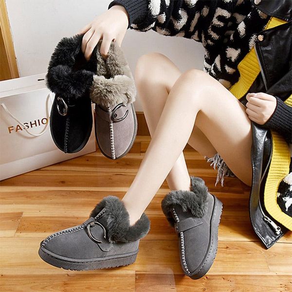

women short boots ladies faux fur slip on platform snow shoes female warm winter plush flat footwear outdoor casual short shoe, Black