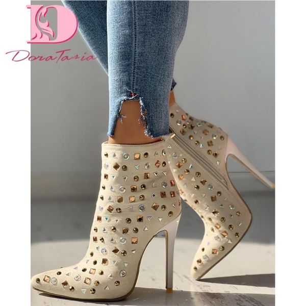 

doratasia new fashion female ankle boots pointed toe thin high heels with crystal boots women 2020 autumn party shoes women, Black