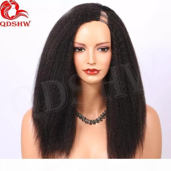 

u part wig kinky straight side part for black women pre plucked glueless virgin brazilian human hairuu part wigs coarse italian yaki, Black;brown