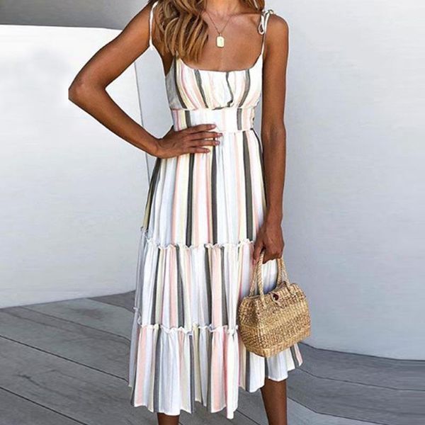 

casual dresses women summer dress 2021 ladies stripe backless off shoulder sleeveless beach high waist vintage bohemian #lr11, Black;gray