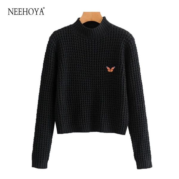 

women's sweaters women 2021 fashion with embroidery cropped knitted sweater vintage high neck long sleeve female pullovers chic, White;black