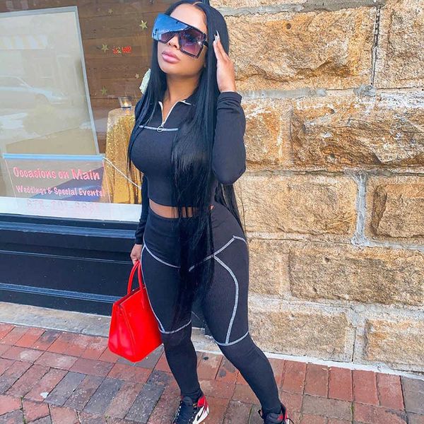 

2021 stand collar zipper splicing contrast handbag sports leisure two piece women's suit