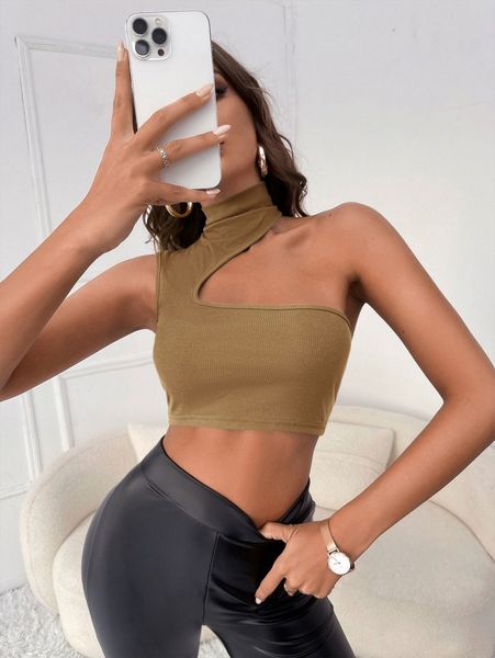 

asymmetrical neck ribbed knit crop w5br#, White
