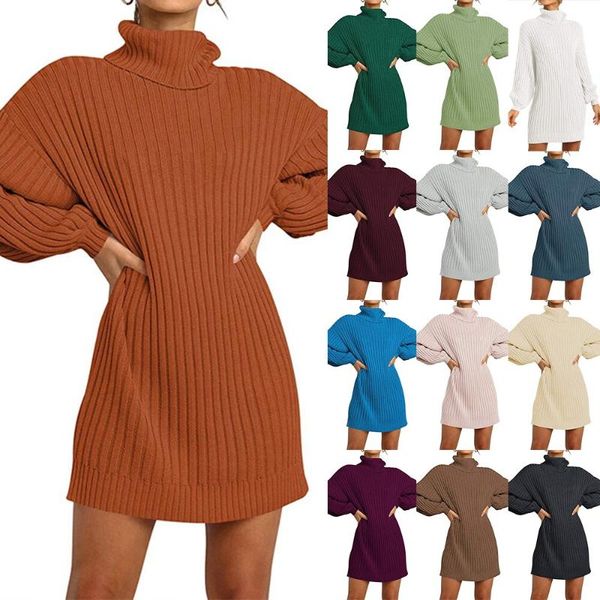 

turtleneck lantern long sleeve knitted dresses for women autumn spring loose warm mini party dress casual solid vestidos, Black;gray