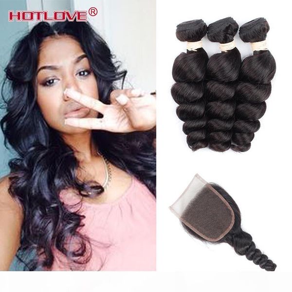 

8a peruvian loose wave 3 bundles with closure hair bundles with lace closure peruvian virgin hair with closure human hair, Black;brown