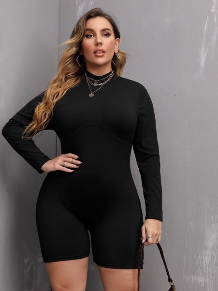 

plus solid stand collar romper y5w3#, Black