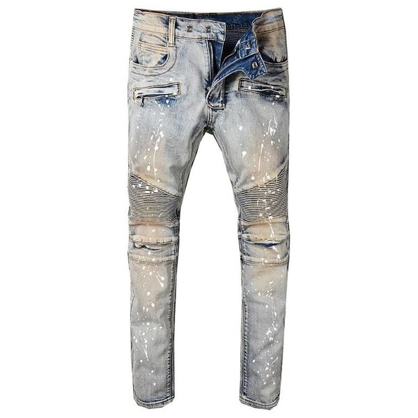 

men's jeans blue white men vintage painted stretch cotton denim biker slim fit pleated pants for motorcycle