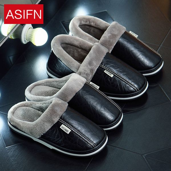 

asifn big size men winter slippers with fur women pu leather waterproof warm home slipper male indoor cotton flip flops shoes 201103, Black