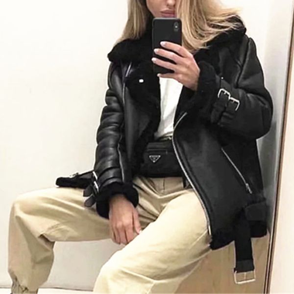 

women's winter thicken warm jacket coats lapel pu leather jackets long sleeve diagonal zipper coat lamb fur jacket outwear 201026, Black;brown