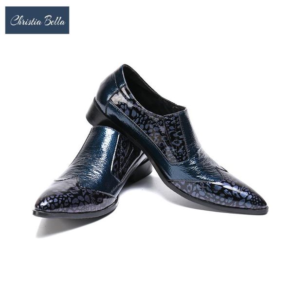 

christia bella new fashion print patchwork genuine leather men business shoes plus size slip on pointed toe formal dress shoes, Black