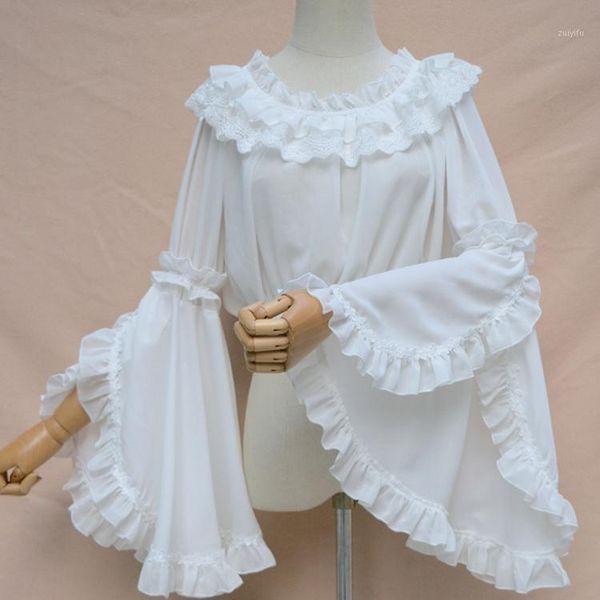 

spring summer long flare sleeve lolita shirt vintage white and black chiffon jsk women gothic blouse1, Black;red