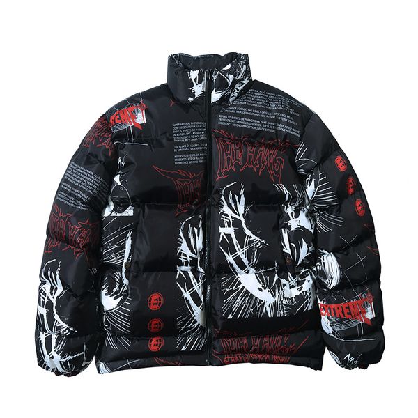 

men's down & parkas hip hop jacket parka japanese cartoon graffiti streetwear men windbreaker harajuku winter padded coat warm outwear, Black