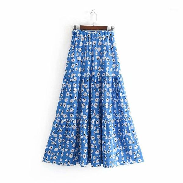 

new women fashion flower print pleated long skirt faldas mujer ladies elastic waist casual loose chic brand blue skirts qun3301, Black