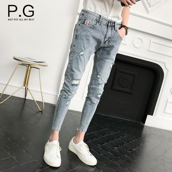 

men's jeans summer 2021 teenagers denim ripped cropped pants korean style trendy slim all-match beggar pencil, Blue
