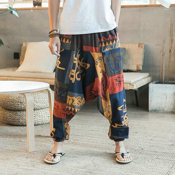 

nice mens loose cotton linen casual harem pant chinese style pattern elastic waist male fashion low crotch trousers joggers pant1, Black