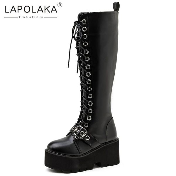 

lapolaka 2020 новая мода осень knight boots женская обувь платформы верхнего качества кожаный ремень пряжка модные сапоги мотоцикла, Black
