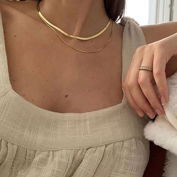 

aomu multi layered flat blade snake link chain choker necklace women vintage jewelry metal simple gold color collar neckl, Silver