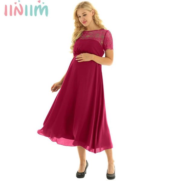 

maternity dresses women elegant short sleeve floral lace splicing deep v back chiffon pography pregnant dress for take part wedding, White