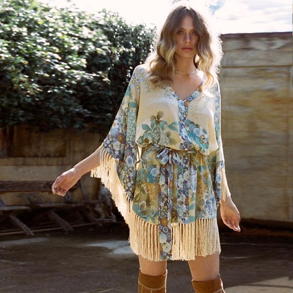 

tassel printed elegant women dress 2020 summer bohemian seven sleeve loose mini dress woman lace up holiday bandage1, Black;gray