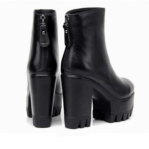 

boots genuine leather autumn high heel womens ankle roung toe back zip thick bottom fleece liner female platform boots1, Black