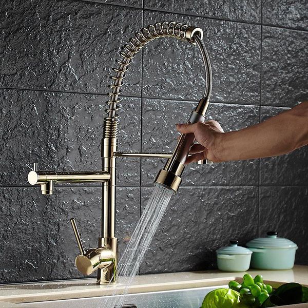 

wholesale- luxury gold color new kitchen faucet tap two swivel spouts extensible spring mixer tap gold pull out down kitchen sink faucet1