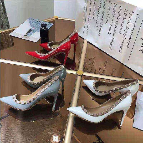 

fashion rockstud lady's patent leather pumps sandals pointed toe women's classic high heeled shoes, Black