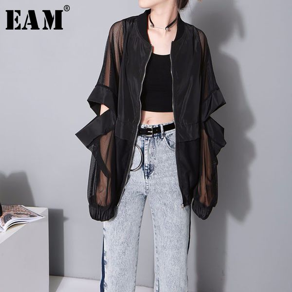 

[eam] new spring autumn stand collar long sleeve black thin hollow loose big size perspective jacket women coat fashion jf7 201023, Black;brown