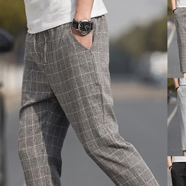 

plus size pants men plaid drawstring pocket elastic waist pencil trousers casual harem pants men trousers, Black