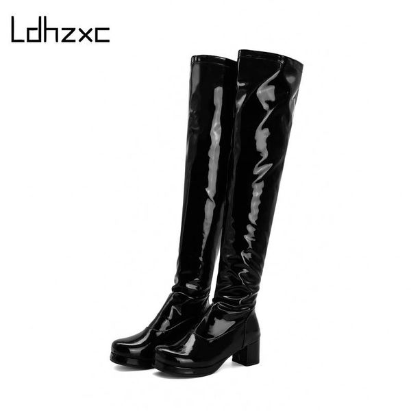 

ldhzxc knee high boots women patent leather boots fashion black green red yellow color autumn winter high heels ladies shoes