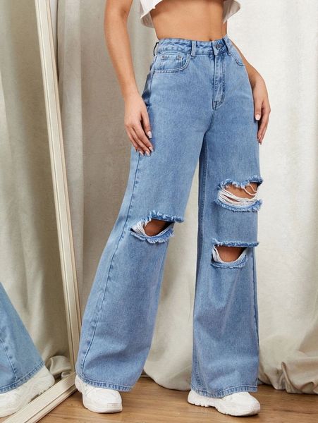 

zipper fly ripped detail wide leg jeans g7sm#, Blue