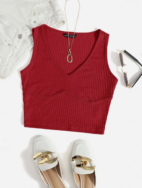 

solid rib-knit crop tank j4pc#, White