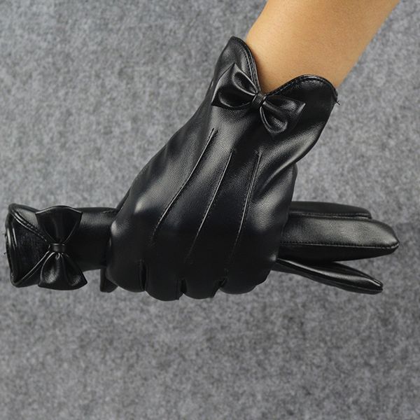 

leather female fashion winter warm black bow cycling gloves women driving touch phone screen glove mittens b7, Blue;gray