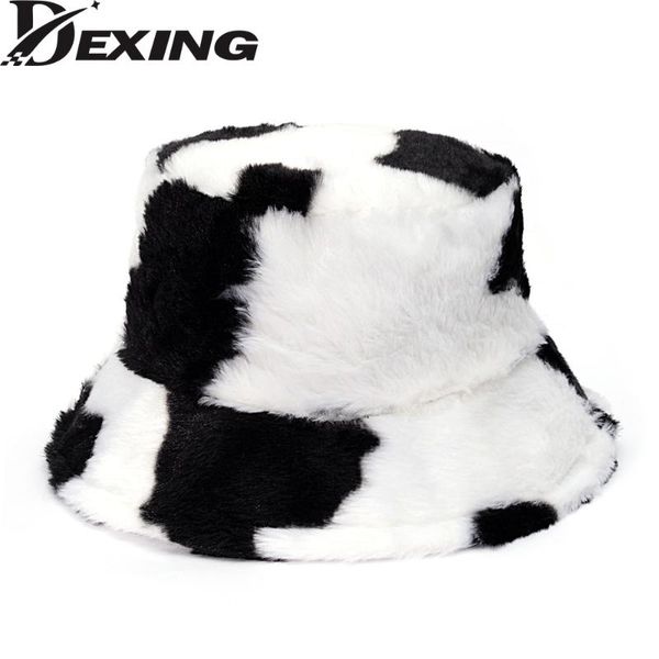 

fashion outdoor cow print bucket hat faux fur winter bucket hats women thickened soft warm fisherman cap lady vacation panama, Blue;gray