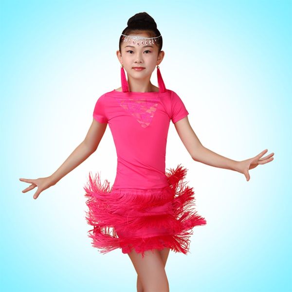 

latin dance clothes for girl 2 piece tassel lace (+skirt) selling clothing girl bollywood rehearsal ballroom costumes, Black;red