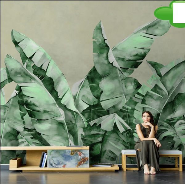 Mão pintada simples banana folha wallpapers moderno planta mural tv fundo sala de jantar papel de parede