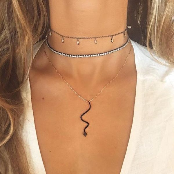 

bohemian women fashion crystal water drop choker necklace for women personality snake pendant multilayer necklace jewlery gifts, Golden;silver