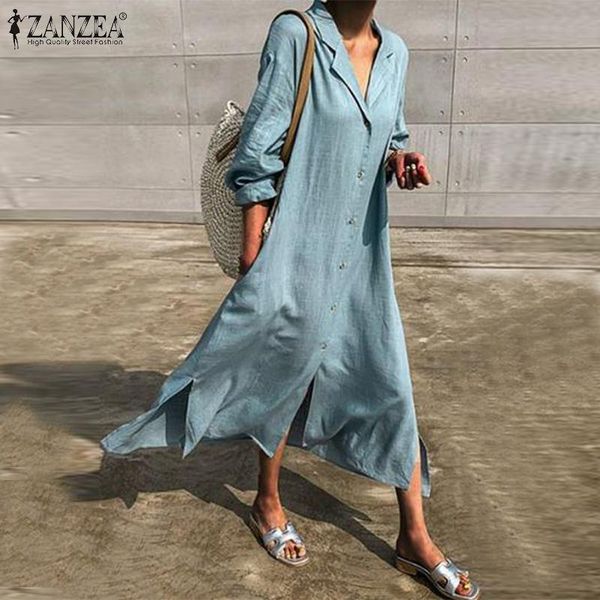

casual dresses 2021 autumn solid cotton split sundress zanzea long sleeve vestidos women elegant lapel party shirt dress female robe, Black;gray