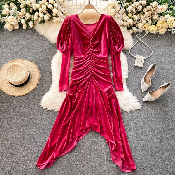 

2021 new singiny retro velour feminine design ruched thin puff dresses solid autumn fashion dress irregular dxs2, Black;gray
