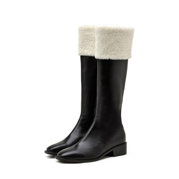 

boots lamb hair women but knee milky white plus velvet was thin flat bottom tall trend, Black
