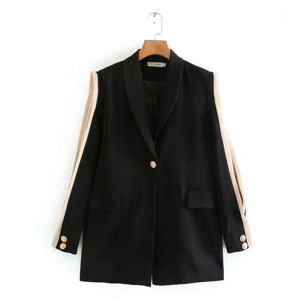 

2021 new autumn women blazers black patchwork button long sleeve notched neck blazers fashion casual female women clothes1, White;black