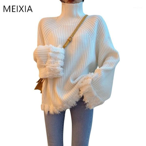

2020 women's sweater tassel long sleeve high collar pullover wear autumn new korean version of loose thick sweater 1, White;black