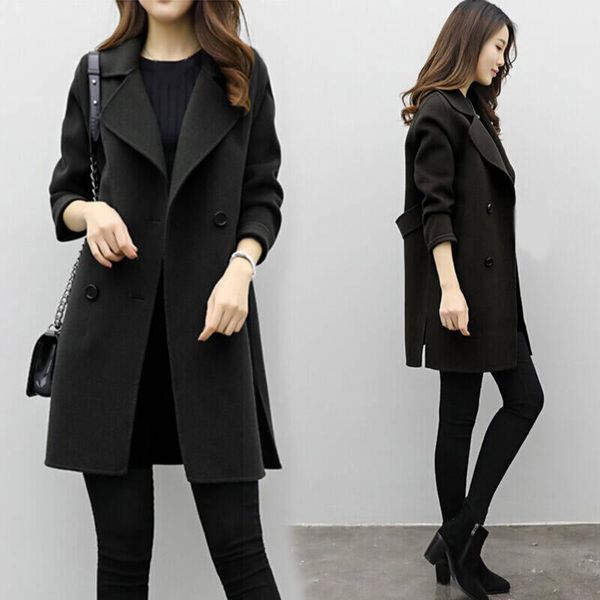 

autumn-winter women woollen coat long sleeve turn-down collar blazer outwear elegant overcoats loose fashion slim jackets, Black