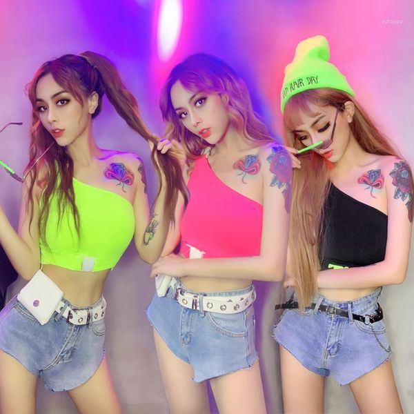 

bar ds jazz costumes fluorescent suspenders vest denim shorts stage outfit women nightclub rave clothing pole dance wear dn62461, Black;red