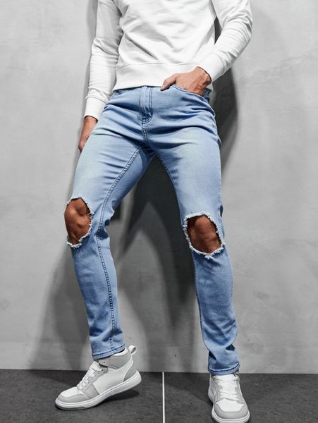 

men cut out raw trim skinny jeans l4yo#, Blue