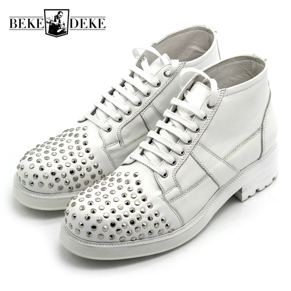 

england white mens cow leather shoes handmade rivet ankle boots luxury footwear man shoe platform work boots hot, Black