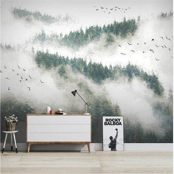 

large 3d wallpaper mural custom hand-painted pine forest clouds fog bird fog pine tv sofa background wallpaper mural