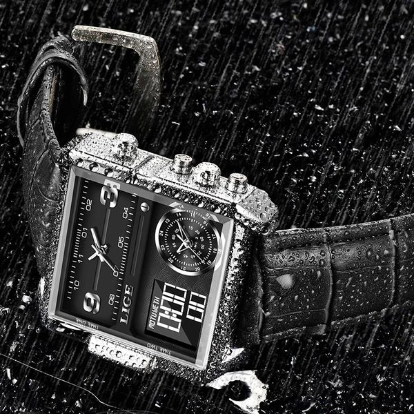 

2021 new casual leather mens watches brand luxury double quartz watch for men waterproof week date electronic digital clocks, Silver