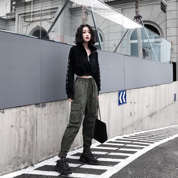 

2020 autumn and winter new harajuku wide port fashion pine tie-foot overalls nine-point casual women's pants, Black;white