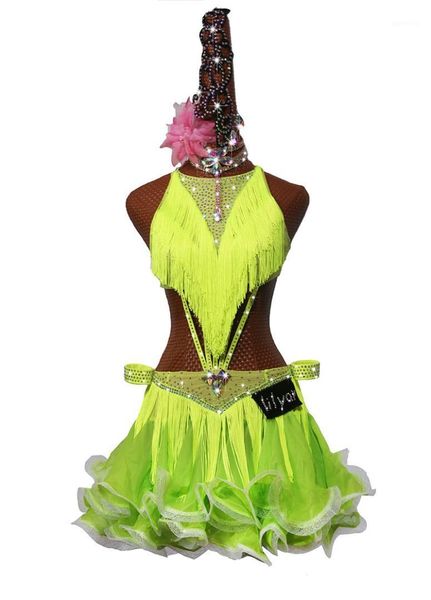 

stage wear latin dance skirt tassel competition dress for women children sparkly rhinestones performance vestido flecos1, Black;red